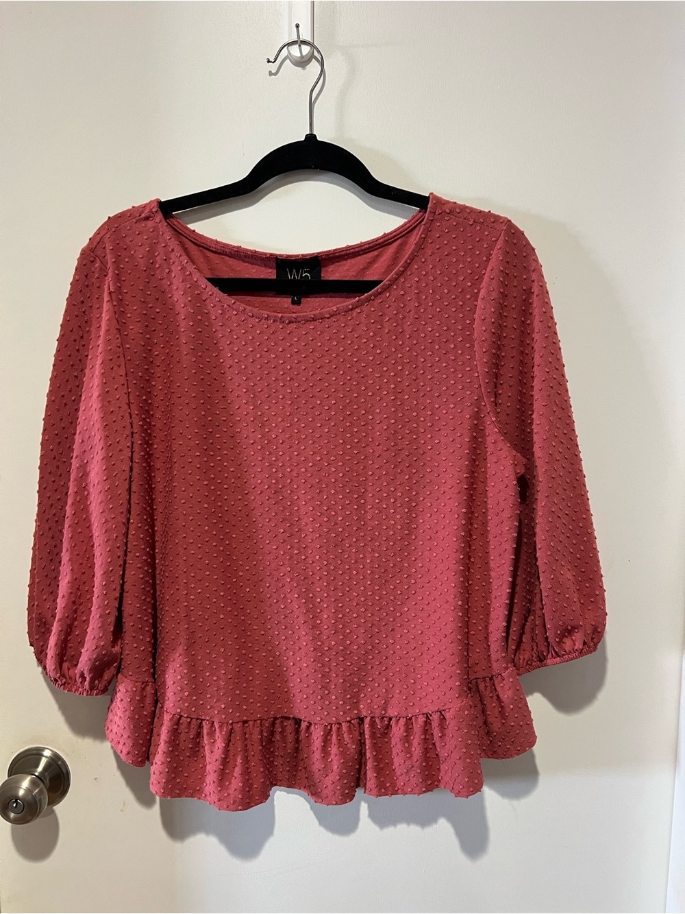 W5 Dusty Rose Dotted Ruffle-Hem Scoop Neck Blouse